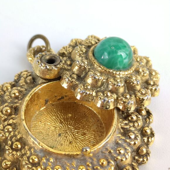 Antique Carved Goldtone & Jade Green Marble 1.5" Balm Locket Pendant French - Picture 4 of 5